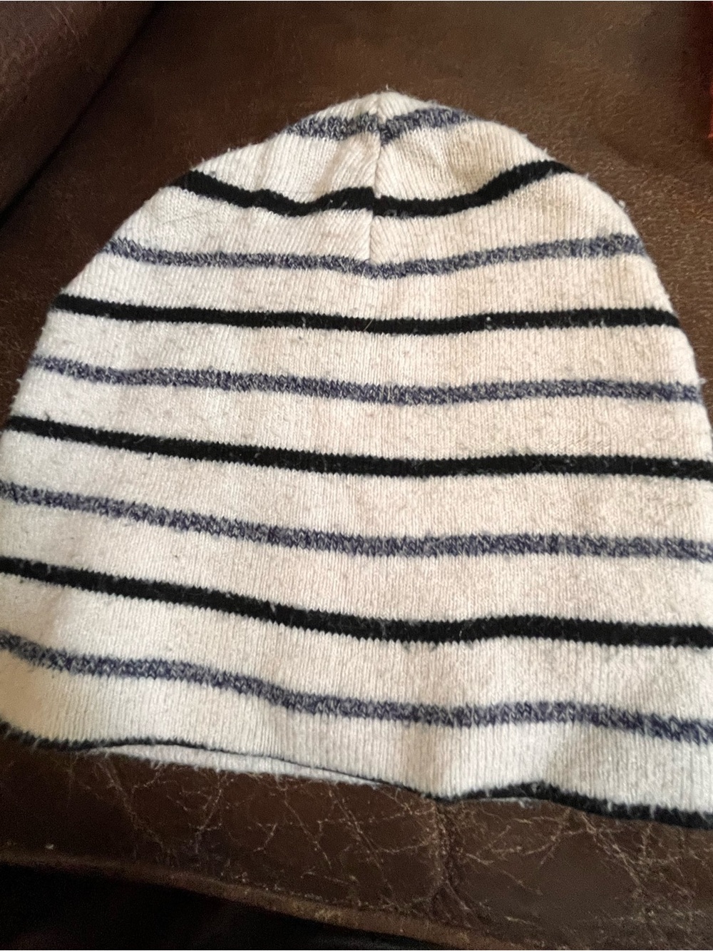 Striped Knit Beanie in White with Black & Navy Stripes